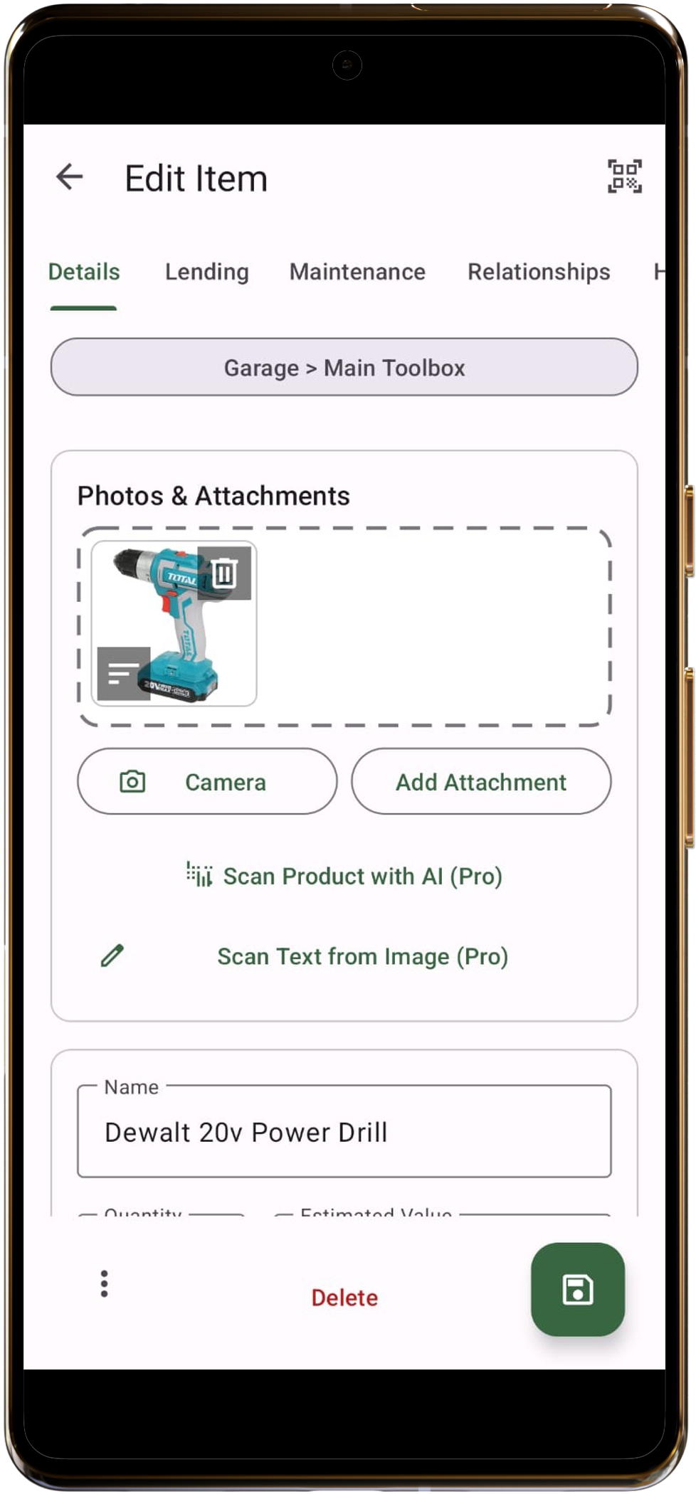 App screenshot showing the items in a box